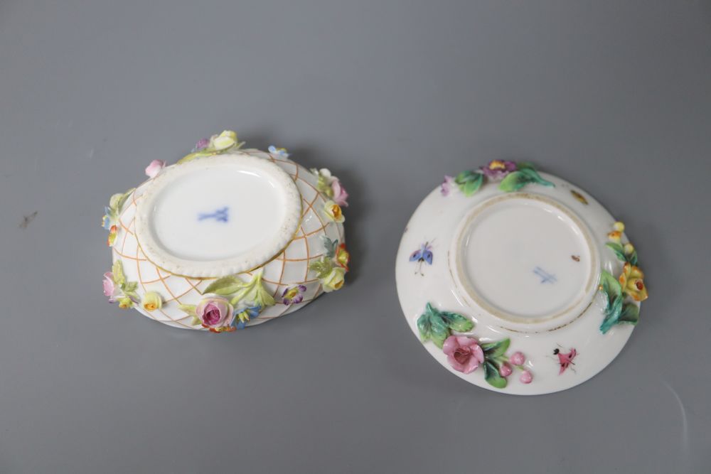A 19th century Meissen salt, painted and encrusted with flowers and a small Sitzendorf dish (2)